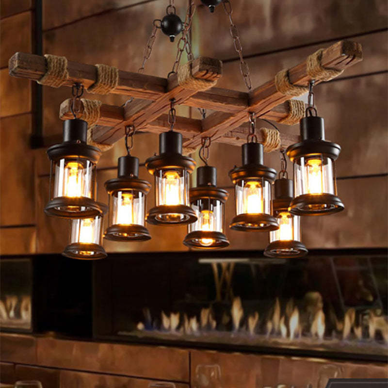 Rustic wood & metal lantern chandelier. Industrial style lighting.