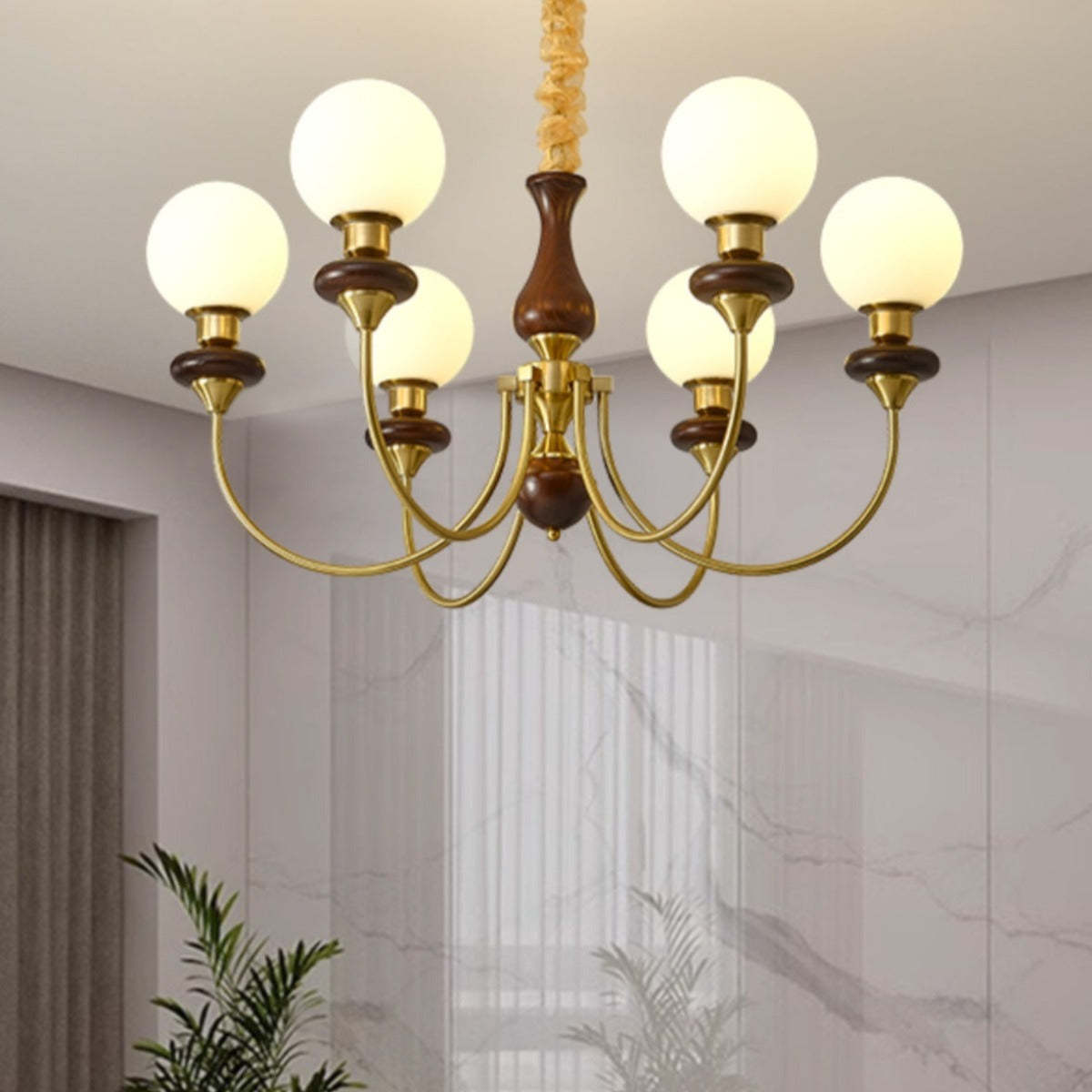 Silva Chandelier with globe lights, brass and wood accents
