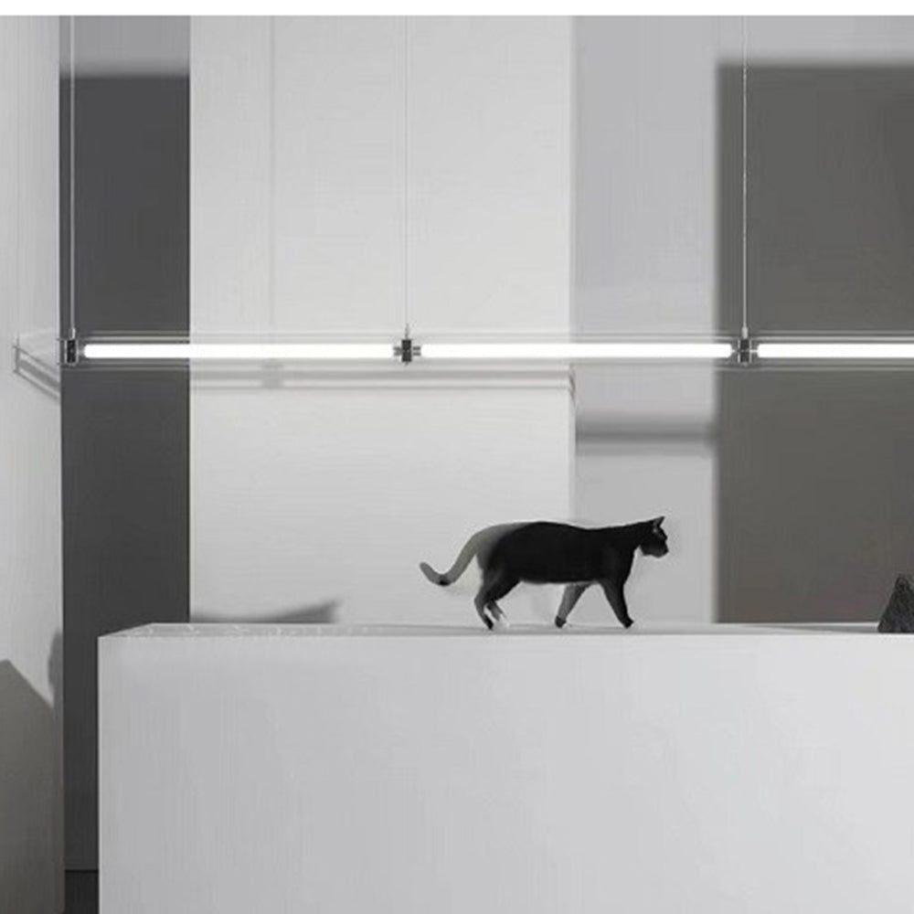 Minimalist metal pendant light with a black cat