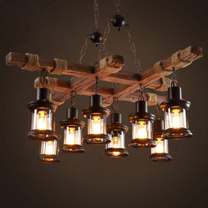 Industrial wood chandelier with glass lanterns