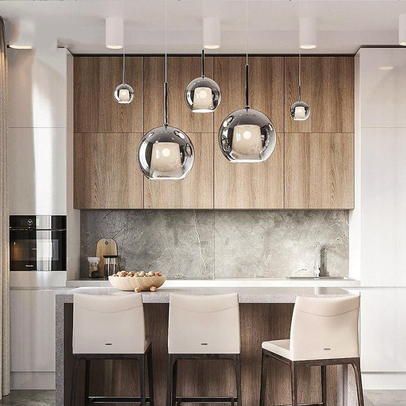 Modern sphere pendant lights in a kitchen, Hailie collection
