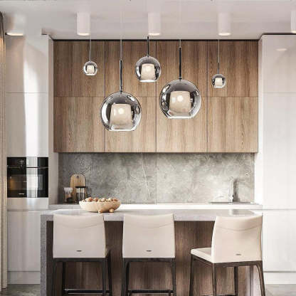 Modern sphere pendant lights in a kitchen, Hailie collection