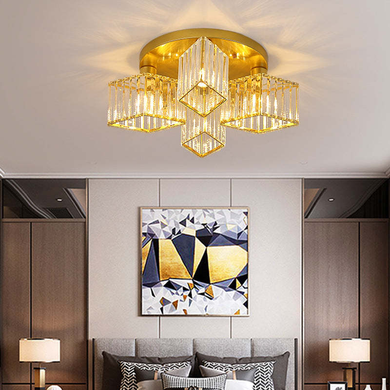 Gold crystal flush mount ceiling light in bedroom