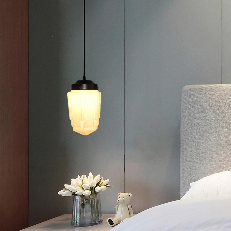 Hailie pendant light over bed, glass shade