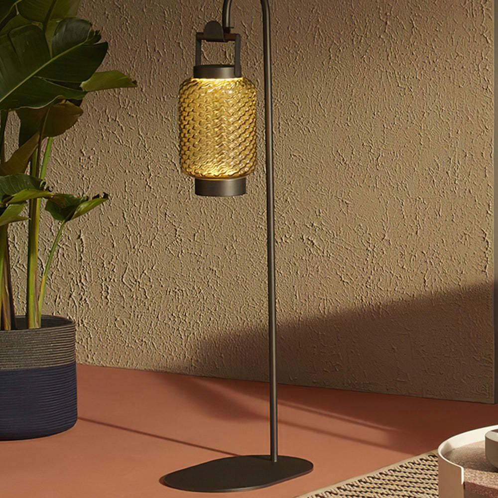 Hailie Vintage Lantern Outdoor Floor Lamp glowing