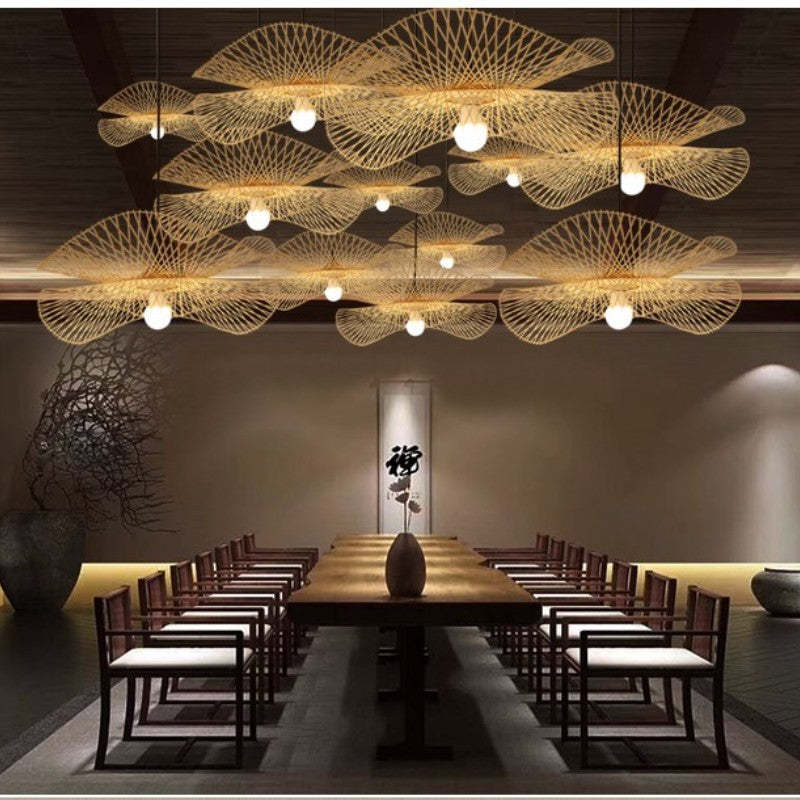 Dining room with Muto rattan pendant lighting. Muto Woven Rattan Pendant Light, Dining Room/Bedroom/Restaurant