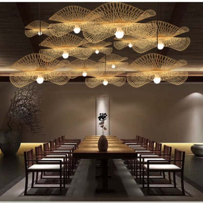 Dining room with Muto rattan pendant lighting. Muto Woven Rattan Pendant Light, Dining Room/Bedroom/Restaurant