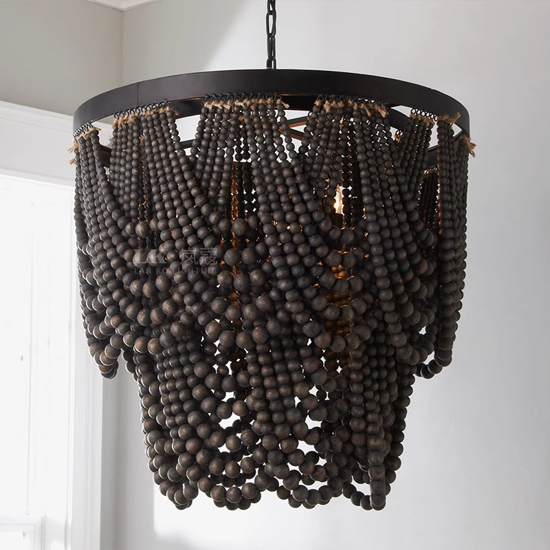 Rust wood bead pendant light, Alessio chandelier