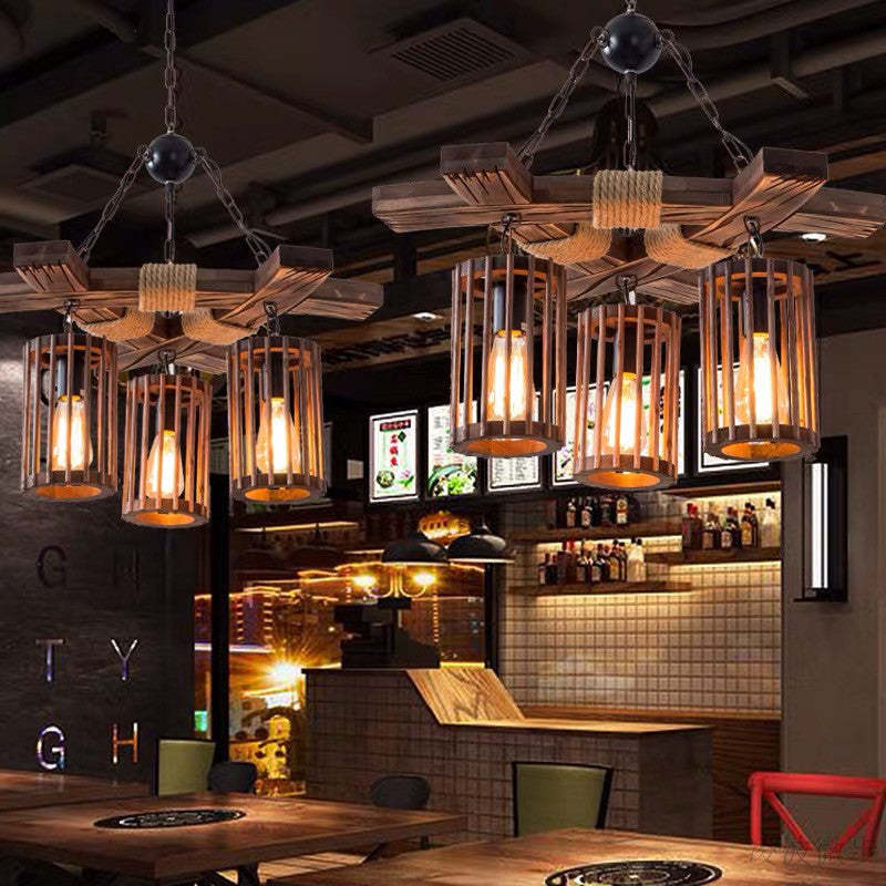 Restaurant lighting: Retro wood LED chandelier