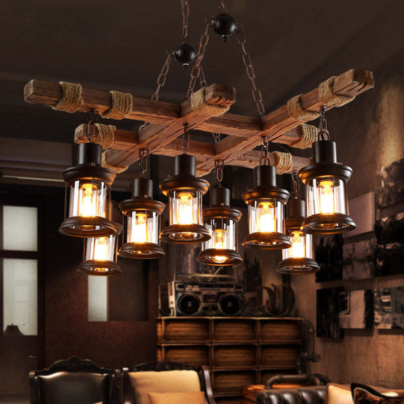 Rustic wooden chandelier with glass lanterns, Austin style