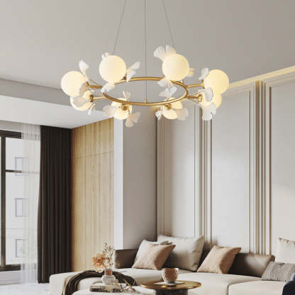 Olivia chandelier in modern living room, leaf design, gold finish