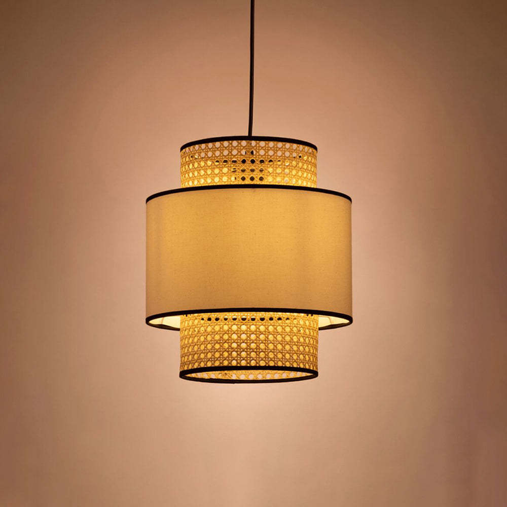 Ritta Retro Pendant Light, fabric shade and rattan detail