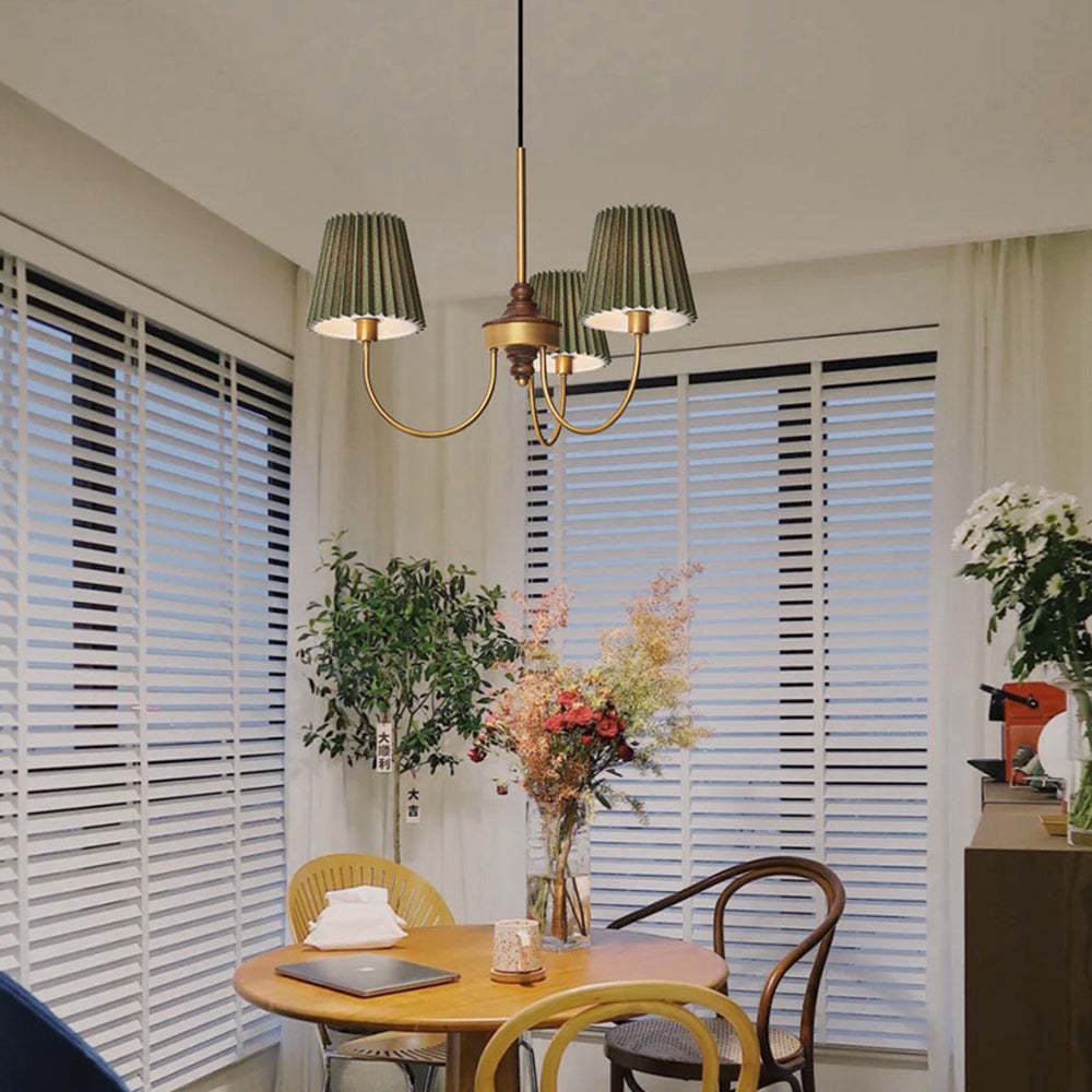 Green fabric shade chandelier in dining room Eryn Modern Retro Metal Fabric Chandelier