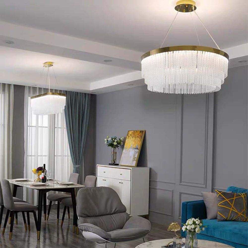 Modern living room with Colon pendant light and dining area