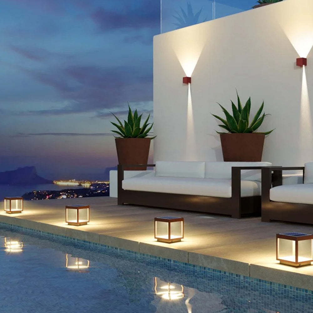 Orr solar cube outdoor lamps by pool