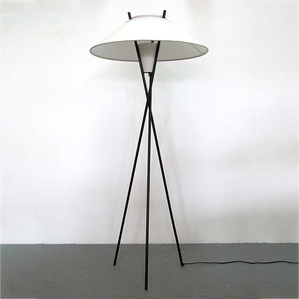 Modern Carins Tripod Floor Lamp, white fabric shade and black metal
