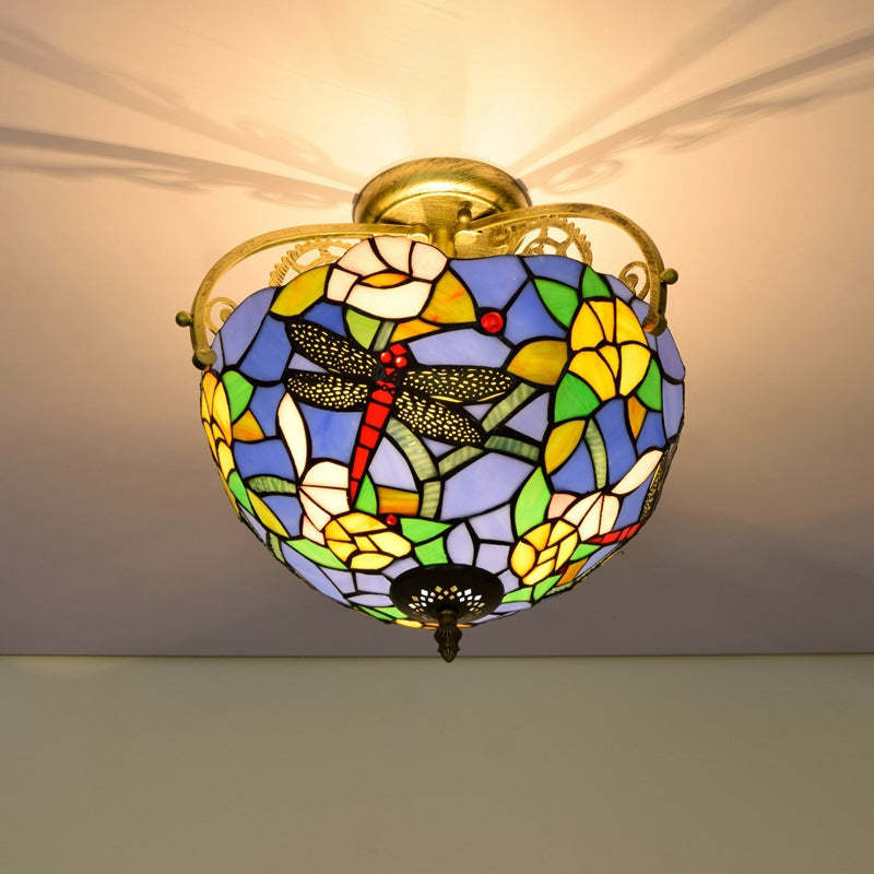 Eryn Vintage Multicolor Flush Mount Ceiling Light with Dragonfly