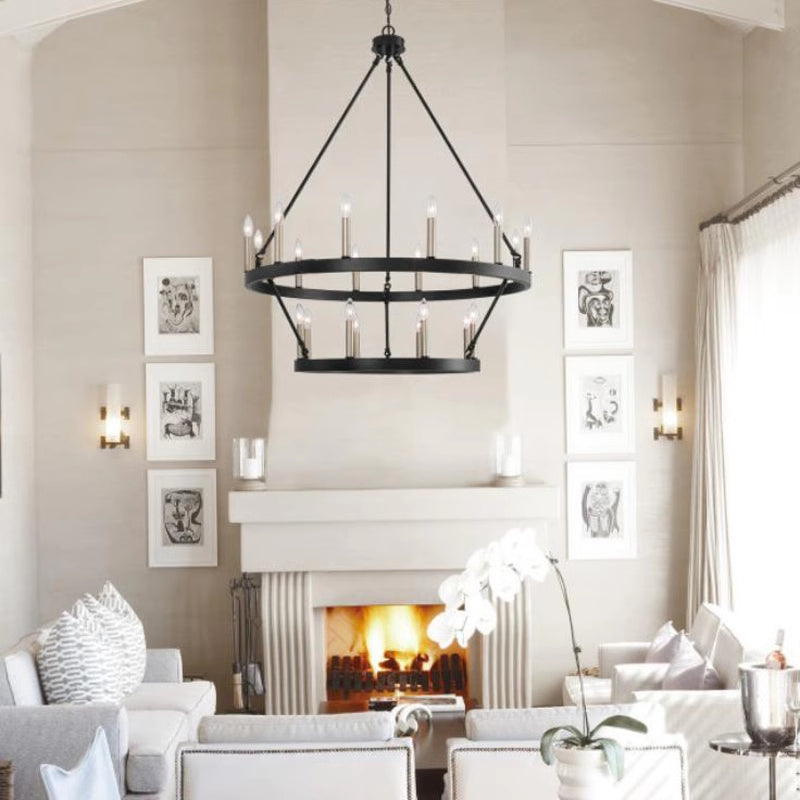Modern black chandelier in a living room,fireplace background