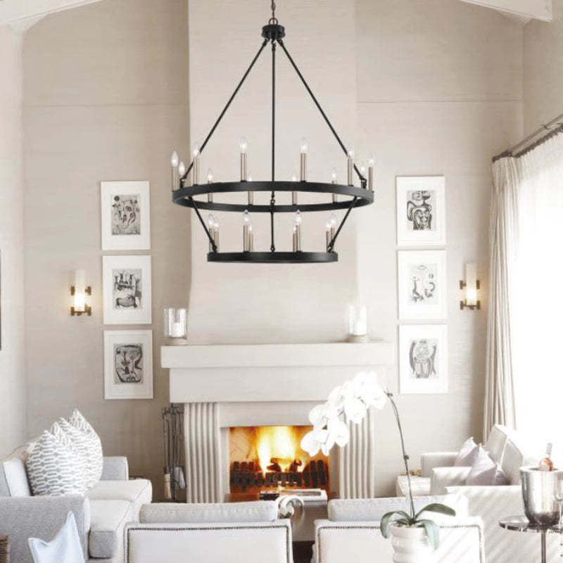 Modern black chandelier in a living room,fireplace background