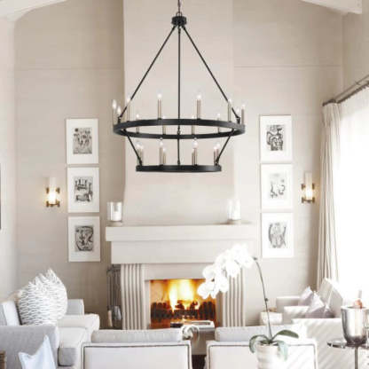 Modern black chandelier in a living room,fireplace background