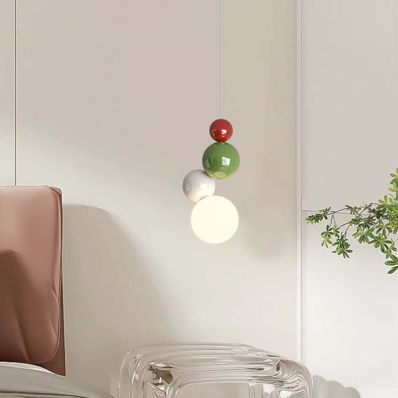 Modern pendant light with red, green, white orbs, bedroom lighting