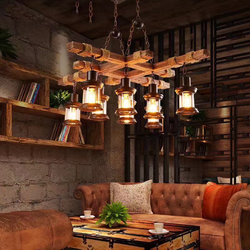 Rustic wood chandelier with lantern lamps in living room