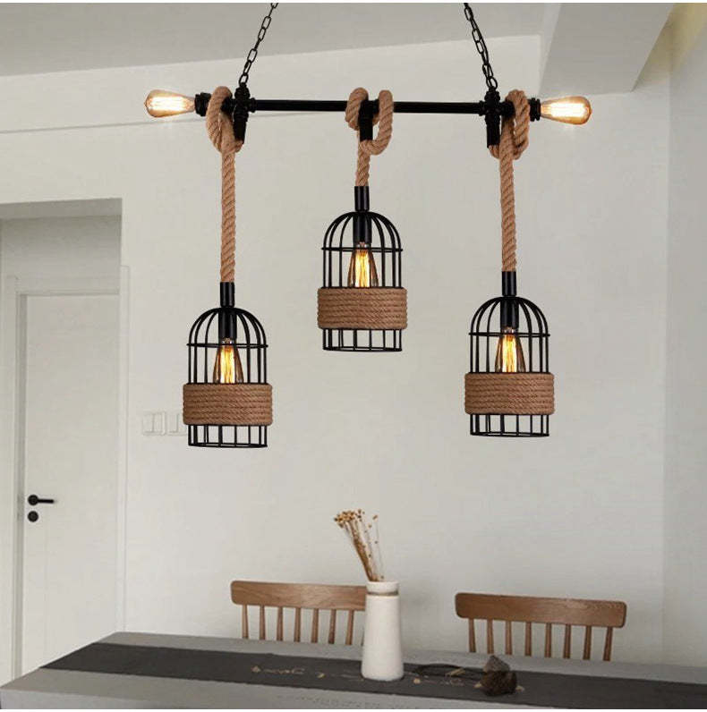 Retro pendant light fixture with rope and cage design