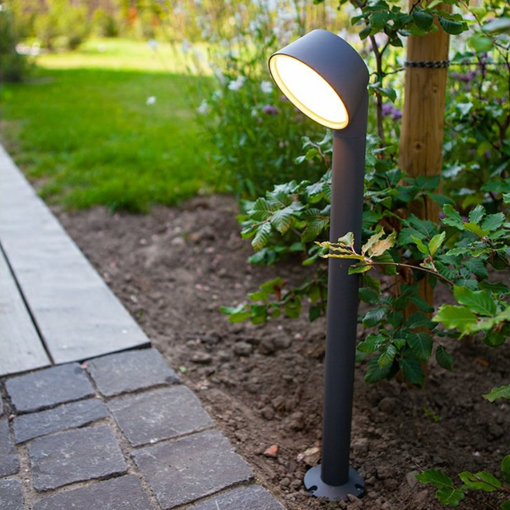 Modern outdoor path light illuminating garden pathway