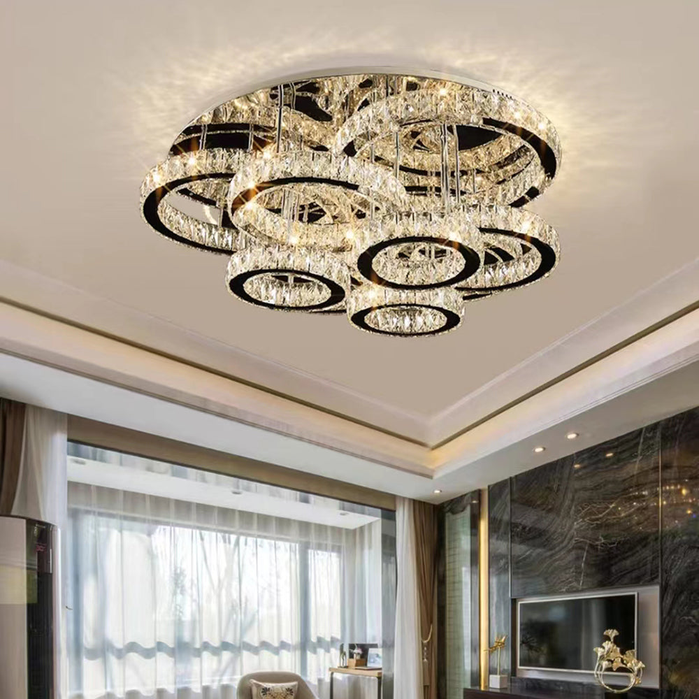 Modern crystal ring pendant light in a living room
