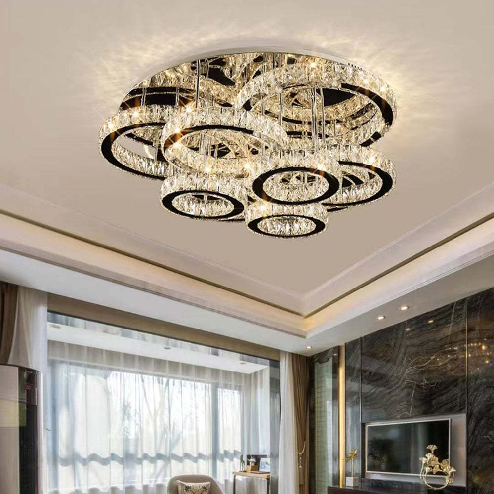Modern crystal ring pendant light in a living room