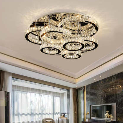 Modern crystal ring pendant light in a living room