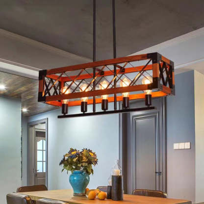 Industrial Cage Pendant Light with Wood Frame