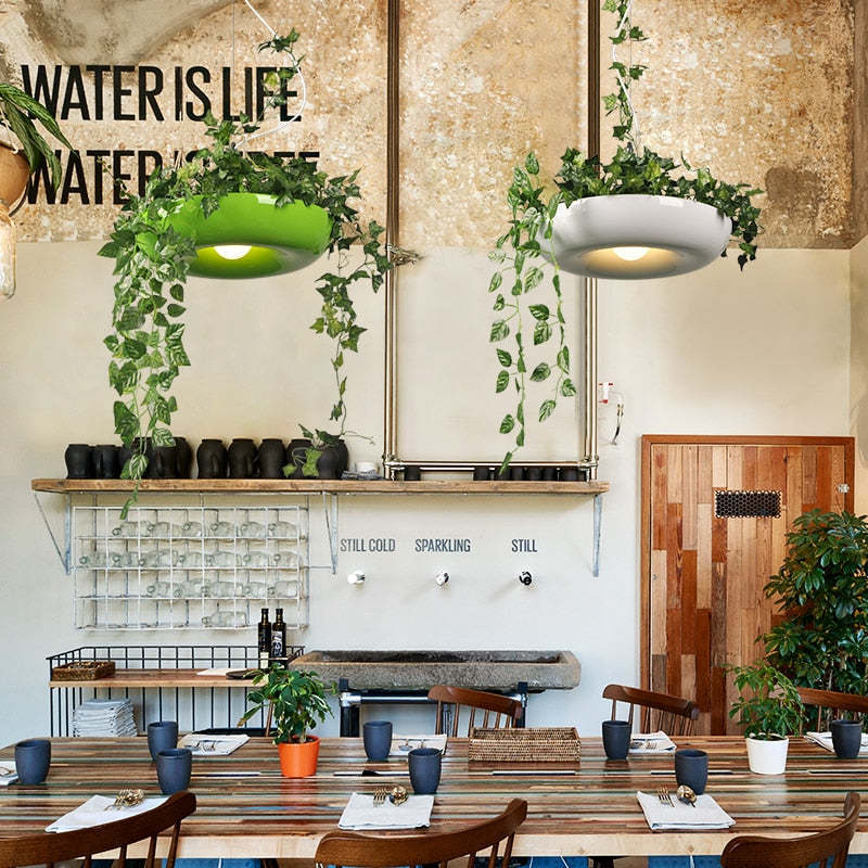 Nest pendant lights, metal, with plants. Modern living room lighting.