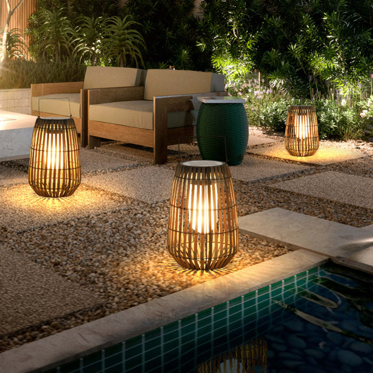 Orr outdoor floor lamps. Metal cage lighting near pool.