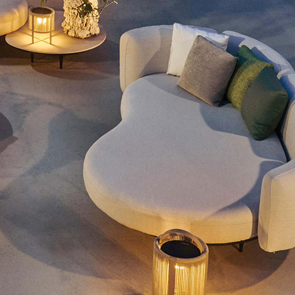 Orr solar floor lamp with modern outdoor sofa