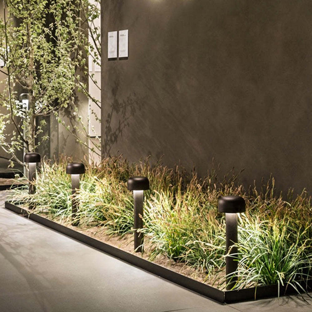 Orr Mushroom Path Lights illuminating garden at dusk