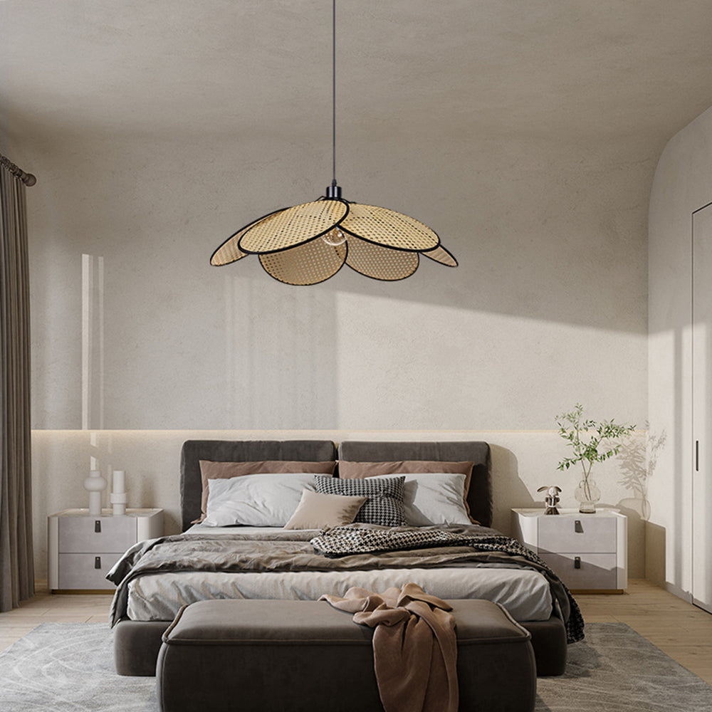 Ritta rattan pendant light in bedroom setting.