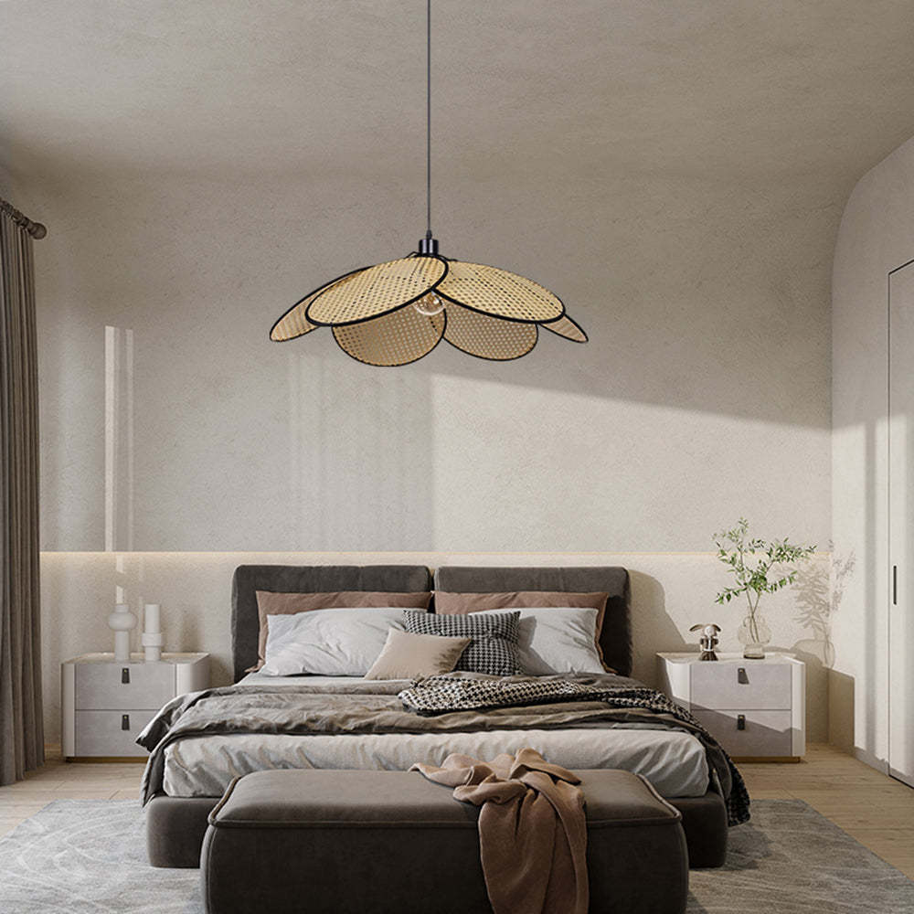 Ritta rattan pendant light in bedroom setting.