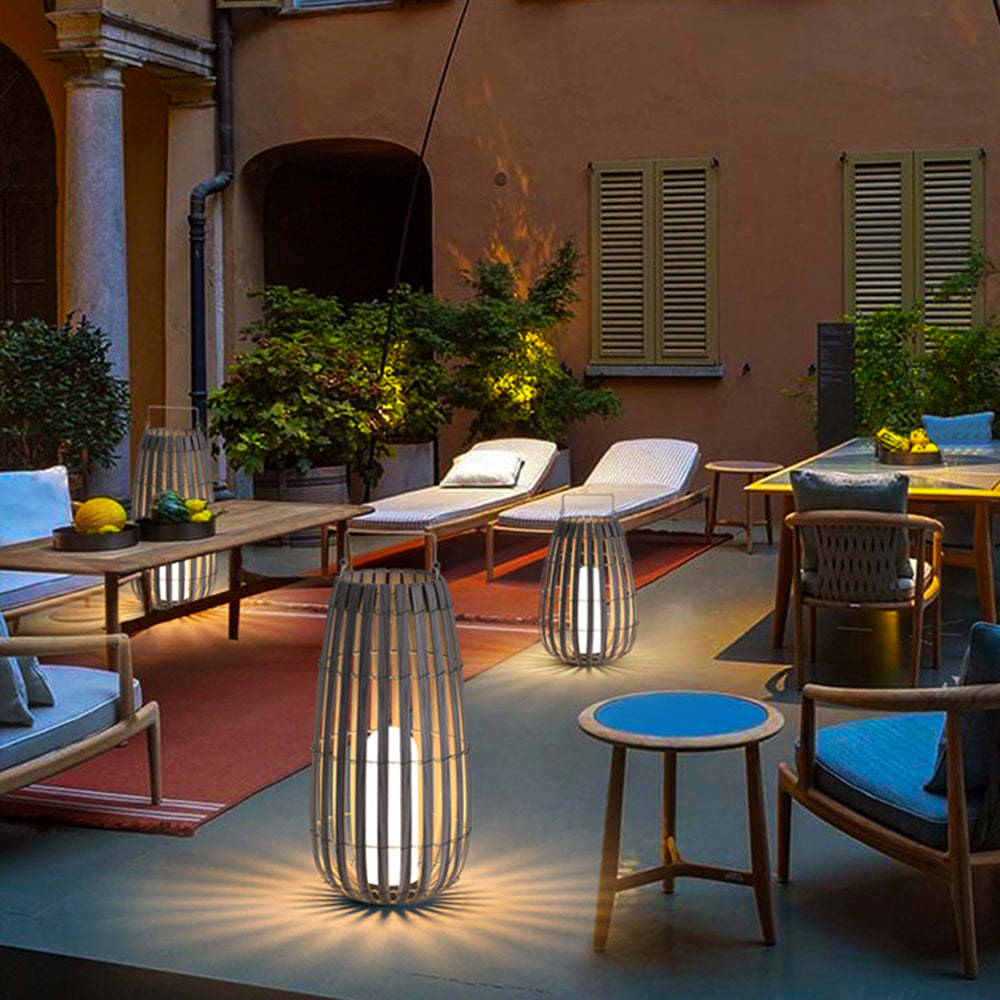 Outdoor patio with Muto Retro Lantern floor lamps illuminating