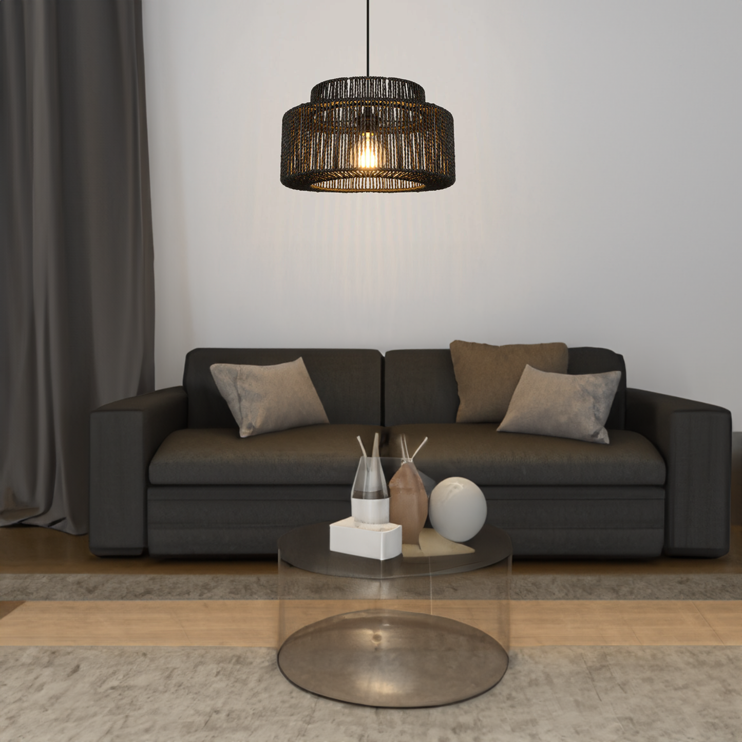 Rustic drum pendant light in living room setting Muto Farmhouse Retro Rustic Drum Hanging Pendant Light
