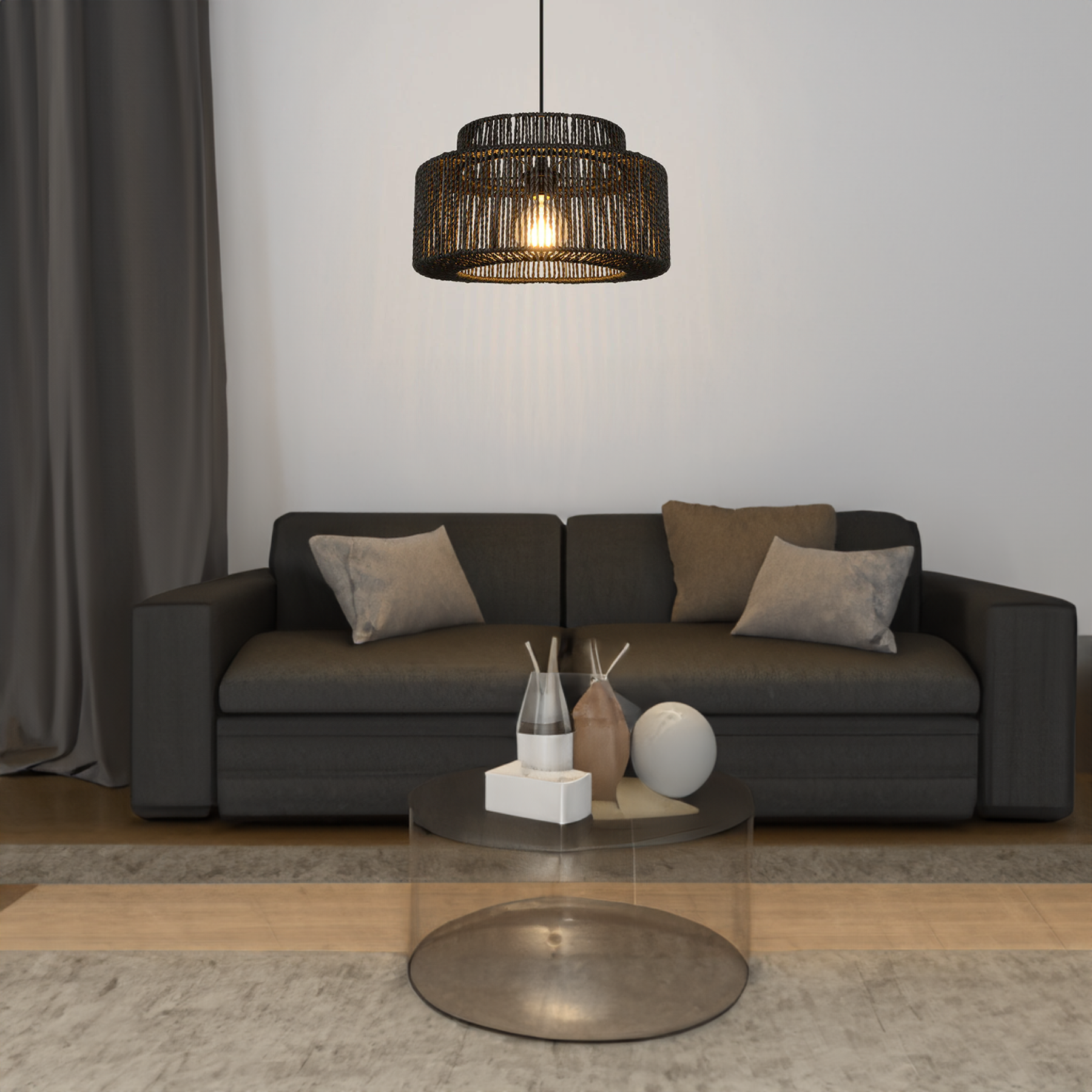 Rustic drum pendant light in living room setting Muto Farmhouse Retro Rustic Drum Hanging Pendant Light