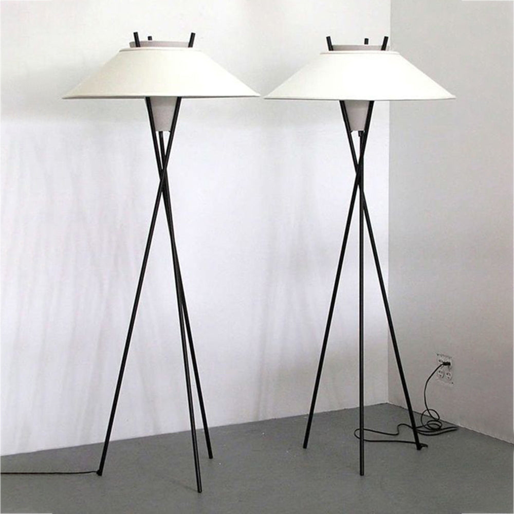 Carins modern tripod floor lamps, white shades, black metal, indoor lighting