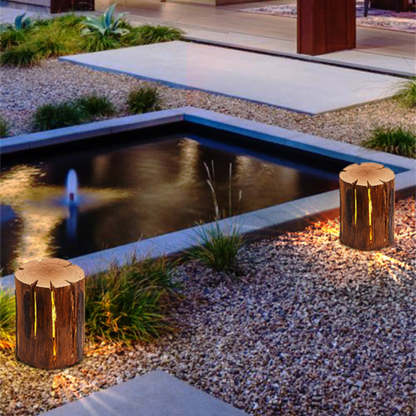 Orr wood outdoor floor lamp table near pond