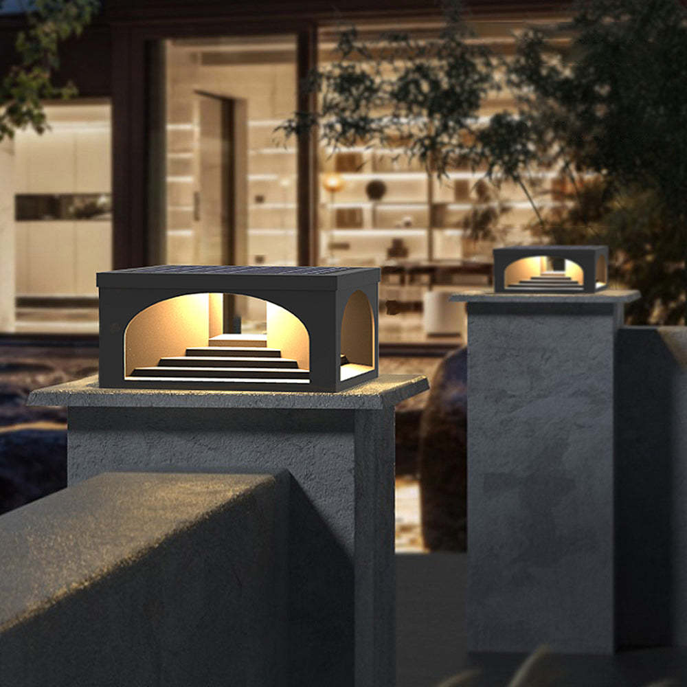 Riley Staircase Outdoor Pillar Light illuminating a walkway, warm light