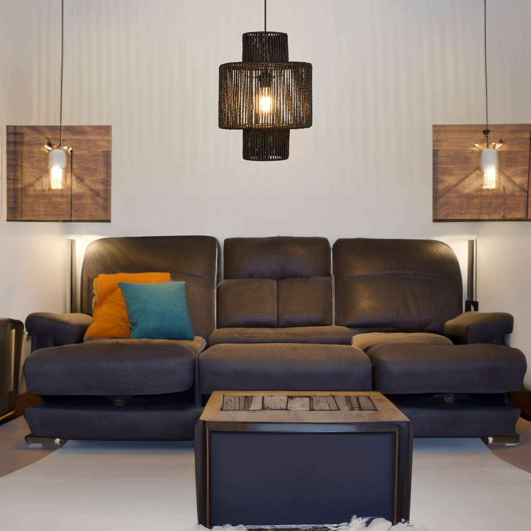 Muto rustic drum pendant light in a living room. Muto Farmhouse Retro Rustic Drum Hanging Pendant Light