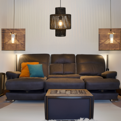 Muto rustic drum pendant light in a living room. Muto Farmhouse Retro Rustic Drum Hanging Pendant Light