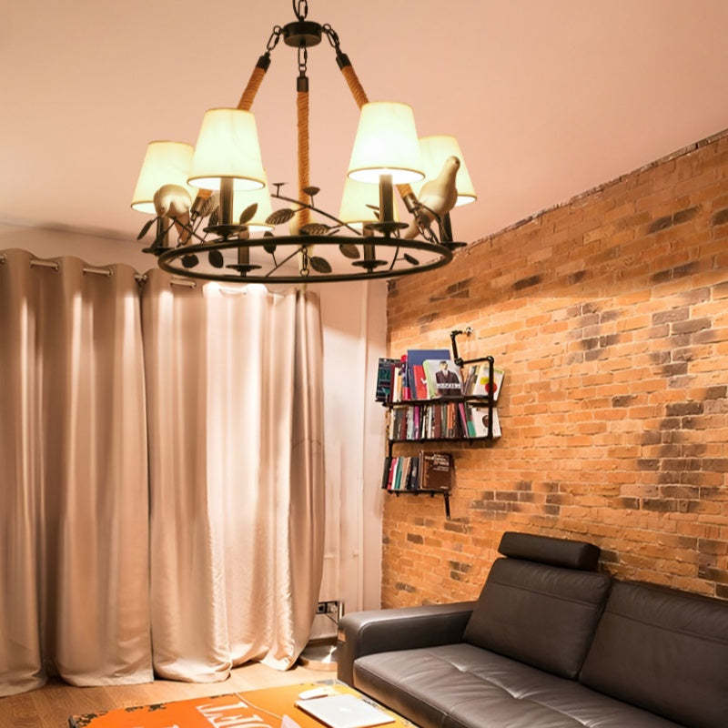 Epoch Vintage LED Chandelier in living room with brick wall