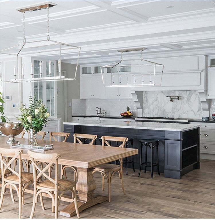 Alessio Pendant Lights illuminate modern kitchen dining space.