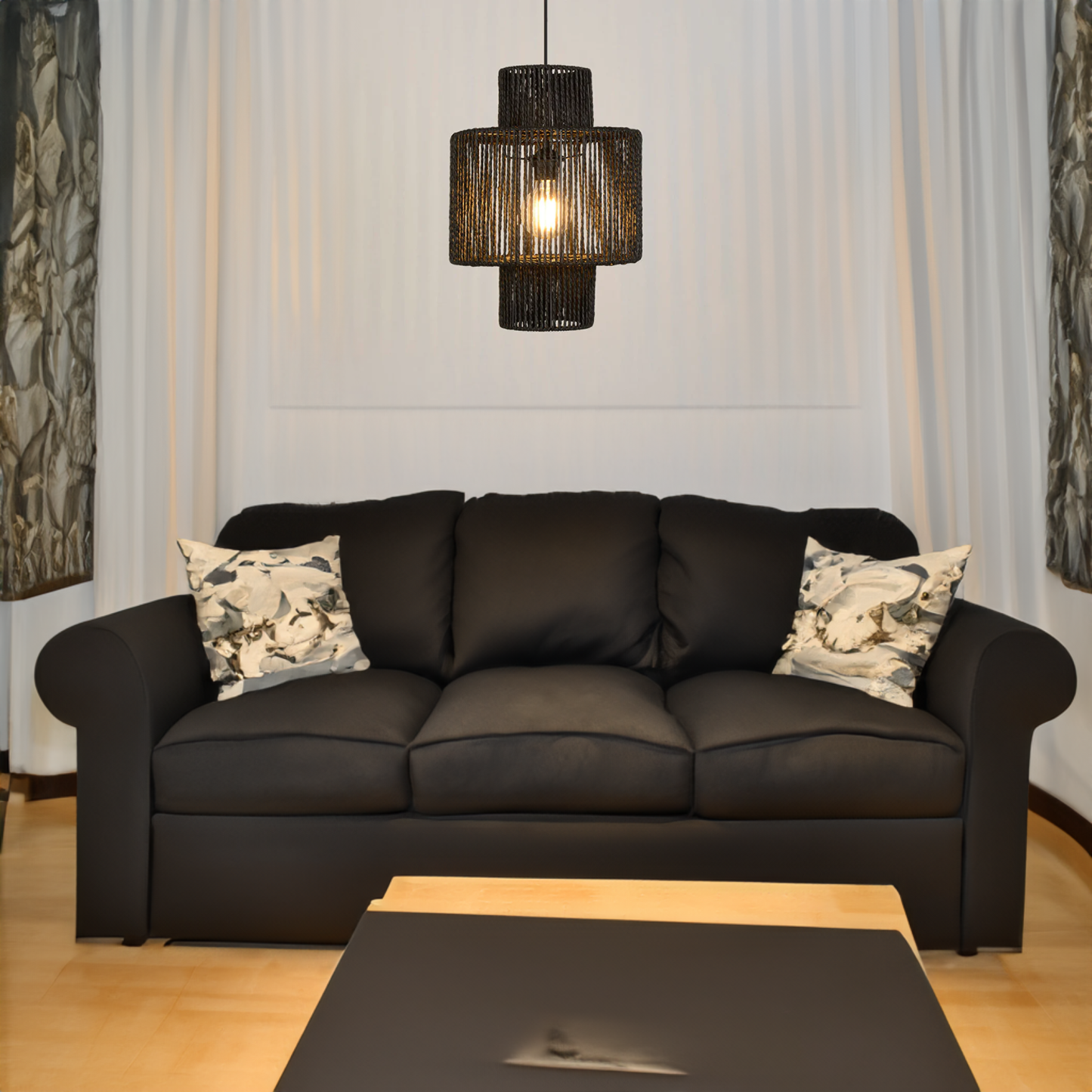 Muto rustic drum pendant light over sofa. Muto Farmhouse Retro Rustic Drum Hanging Pendant Light