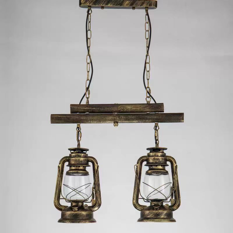 Rustic double lantern pendant light, vintage metal and glass fixture.
